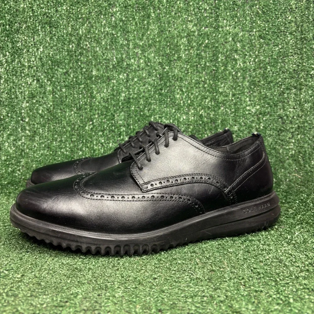 Cole Haan Grand+ Wingtip Brogue Leather Oxford Shoes Black Mens Size 10.5 Wide